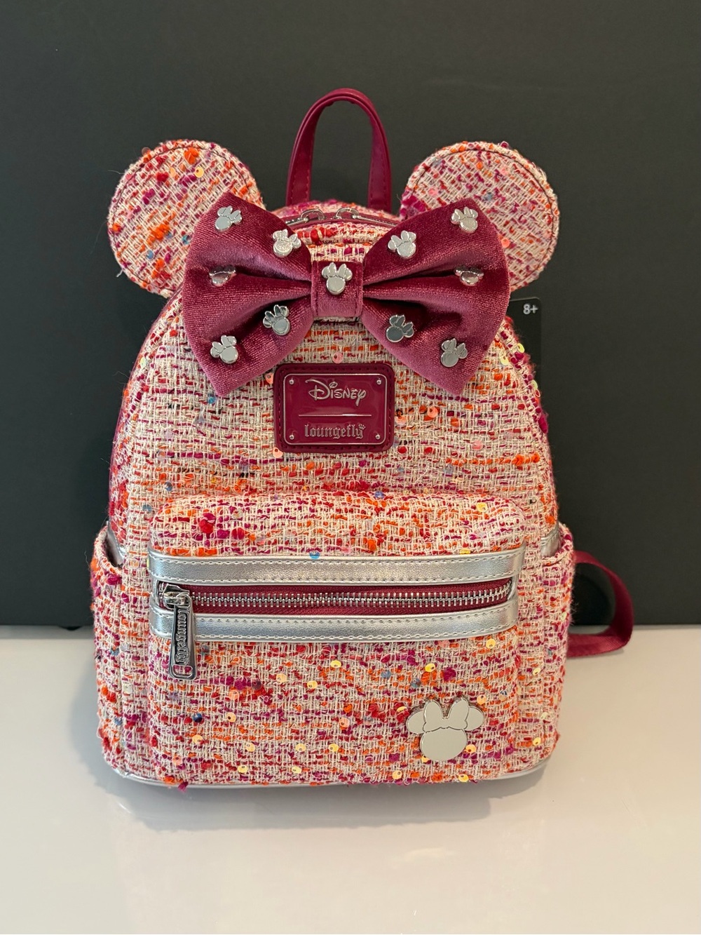 Loungefly BoxLunch Exclusive: Multicolor Pink Tweed Minnie Ear Mini Backpack!